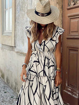 V-Neck Print Pleated Sleeveless Dress