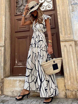 V-Neck Print Pleated Sleeveless Dress