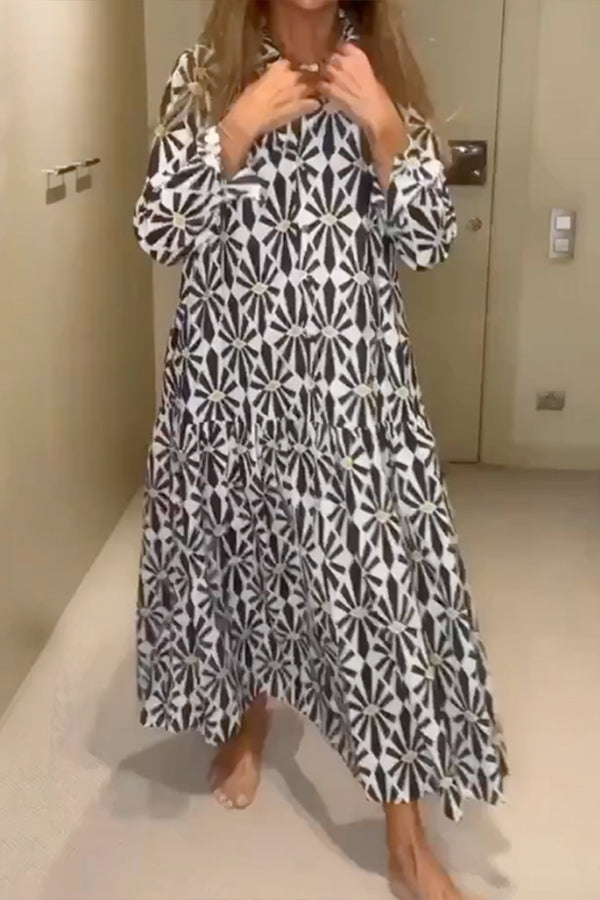 Printing Long Sleeves Loose V-Neck Maxi Dresses